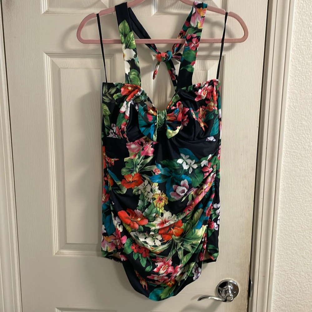 Sugardoll Perla Black Floral Ruched Sides Halter One Piece Swimsuit XL